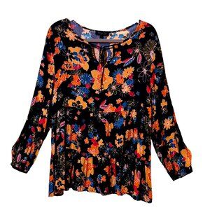 Rachel Zoe Blouse Womens Large Red Multicolored Floral Ruffle 3/4 Sleeve Boho
